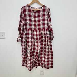 Vintage Red and White Christmas Plaid Midi button front Homesteading dress Sz M